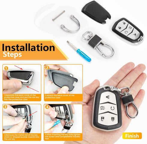 for Cadillac Key Fob Cover with Leather Keychain, Advanced Soft TPU Surface Grain Key Fob Case for 2015-2019 Cadillac Escalade CTS SRX XT5 ATS STS...