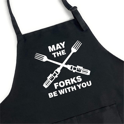 Funny Grill Aprons for Men - May The Forks Be With You - Funny Cooking Apron for Movie Fans - Men’s Kitchen Chef Cooking BBQ Aprons - Grilling Gif...