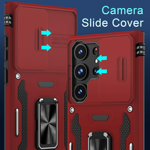 DEERLAMN for Samsung Galaxy S24 Ultra Case with Slide Camera Cover+Screen Protector (1 Pack), Rotated Ring Kickstand Military Grade Shockproof Pro...