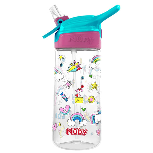 Nuby Push Button Flip-it Soft Spout Tritan Water Bottle, Pink Unicorns, 18 Oz...