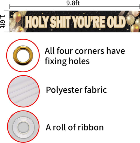 Holy Shit You’re Old Large Banner, Funny Birthday Banner, Happy Birthday Lawn Sign Porch Sign for 30th 40th 50h 60th 70th 80th 90th Birthday Party...