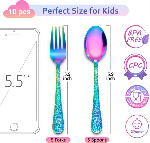 LIANYU 10-Piece Kids Silverware Set, Rainbow Toddler Utensils Flatware Set, Stainless Steel Child Preschooler Cutlery Set, Includes 5 Kids Spoons,...
