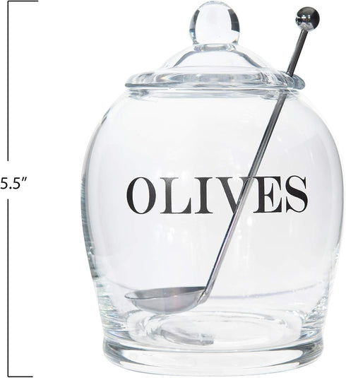 Creative Co-Op Clear Glass "OLIVE" Jar with Lid & Slotted Stainless Steel Spoon (Set of 3 Pieces including Lid)...