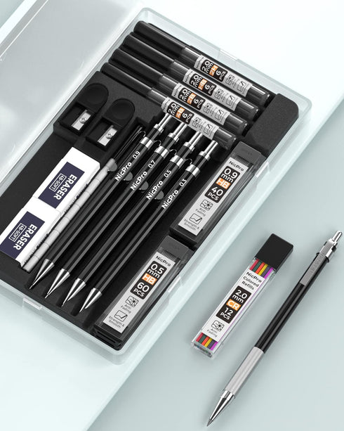 Nicpro Black Art Mechanical Pencil Set in Case, Metal Drafting Pencils 0.3, 0.5, 0.7, 0.9 & 2mm Graphite Lead Holders (2H HB 2B 4B Colored Lead) f...