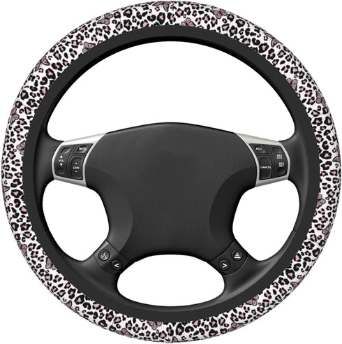 Black and White Leopard Print Auto Car Pink Butterfly Steering Wheel Cover Universal 15 Inch Neoprene Interior Decor Protection Accessories...