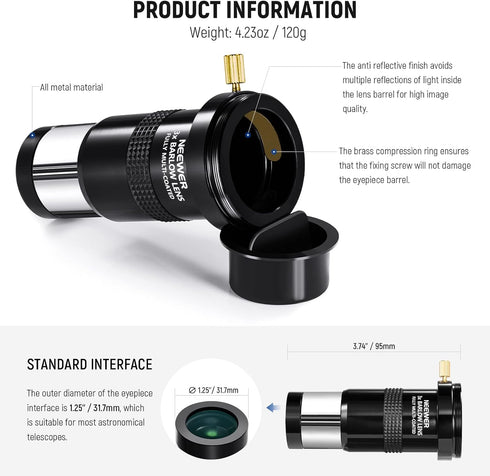 NEEWER 3X Barlow Len for 1.25" Telescope Eyepiece, Multi Coated Triple Magnification Telescope Lens Accessory, Fully Metal Build with M42 Thread t...