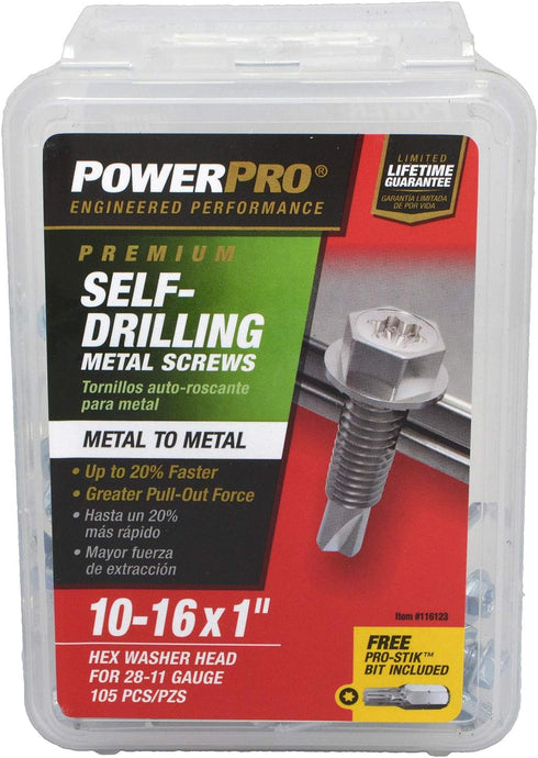 Power Pro Premium Self-Drilling Metal Screws, Zinc Plated Steel, Hex Washer Head Metal to Metal Winged Point Screws, Silver, #10 x 1 inch, Box of ...