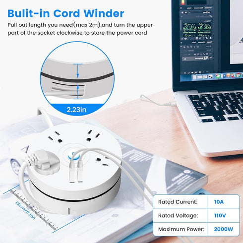 Retractable Extension Cord Power Strip: 6ft Extension Cord Surge Protector with 4 Outlets 2 Smart USB Ports and Hook - Portable Travel Power Strip...