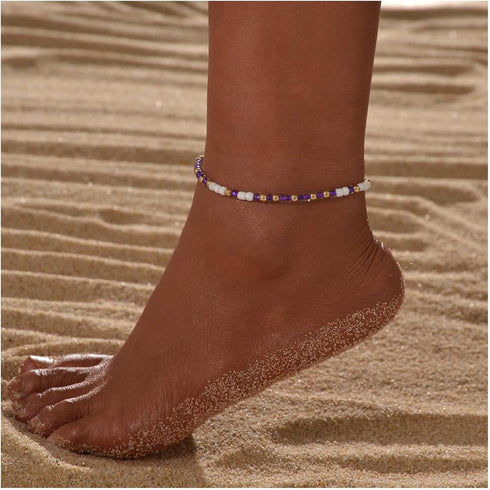 Boho Beaded Anklet Bracelets Purple Beads Woven Chain Anklet Beach Braided Woven Ankle Bracelet Seed Beads Foot Chain Jewelry for Women...
