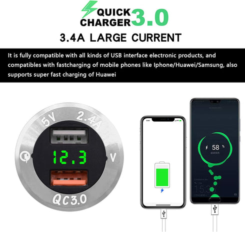 Upgraded Aluminum Alloy Quick Charge 3.0 USB Car Charger Socket & 2.4A USB Port IP66 Waterproof Dual USB Power Outlet with Voltmeter for Car Boat ...