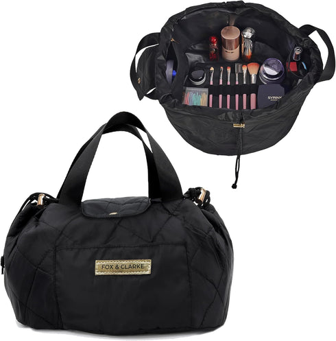 Drawstring Makeup Bag - Chic Black Diamond Stitched Quilted Makeup Bag w/ Gold Hardware - Large, Water-Resistant Expandable Black Makeup Bag with ...