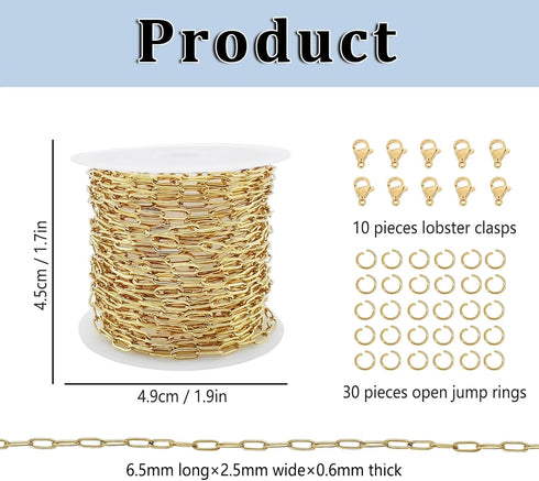 KEIAOUE 16.4 Feet Stainless Steel Paperclip Chains for Jewelry Making Gold Plated Bulk Bracelet Necklace Chain with Lobster Clasps and Jump Rings ...