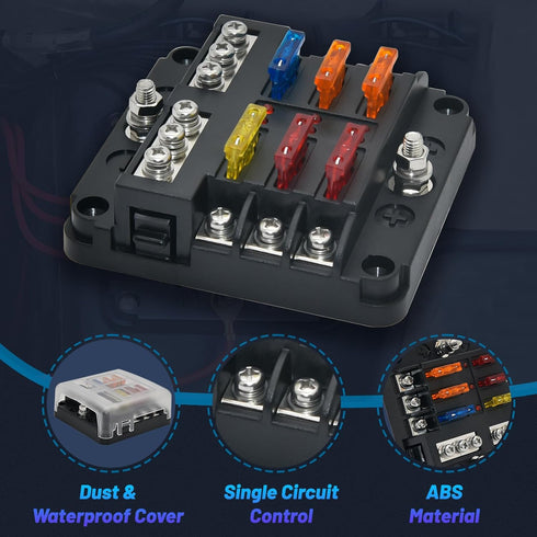 Geloo 12V Fuse Block for Boat, 6 Way Marine Fuse Block with LED Indicator, ATC/ATO Waterproof Blade Fuses Box, 6 Circuits Boat Fuse Panel for Mari...