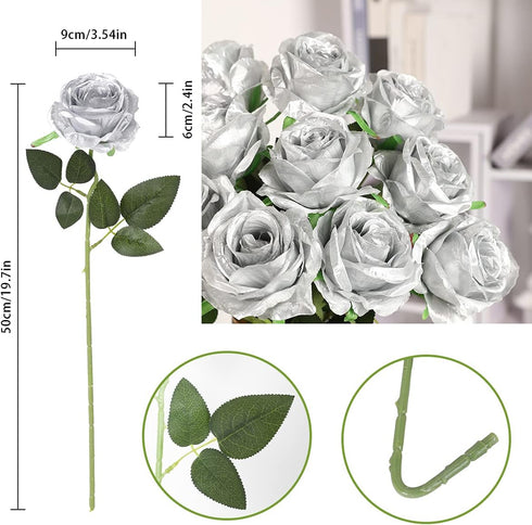 JUSTOYOU 10Pcs Artificial Roses Flowers, Realistic Blossom Roses, Real Touch Silk Rose, Single Fake Flower Long Stem Bouquets for Home Wedding Par...