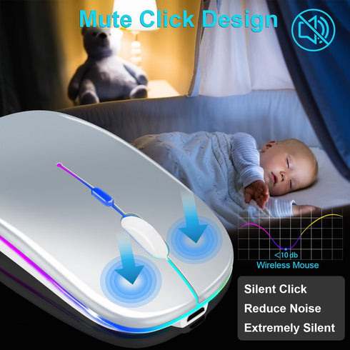 Wireless Bluetooth Mouse for iPad/MacBook Pro/Air/Laptop/pc Rechargeable Silent Mouse Portable Slim for Surface Pro/Lenovo/Samsung Tablet (LED/Sil...