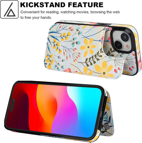 HAOPINSH for iPhone 15 Wallet Case with Card Holder, Floral Flower Pattern Back Flip Folio PU Leather Kickstand Card Slots Case for Women Girls, D...