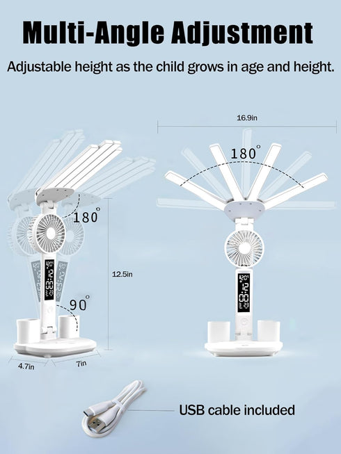 LED Desk Lamp for Office Home, Desk Lamps with Fan, Bright four-Headed table lamp, Adjustable Foldable Table Lamp with Clock Date Fan Pen Down,Tem...
