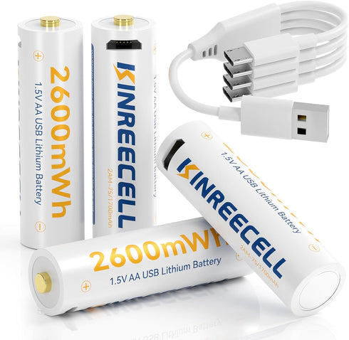 Rechargeable AA Li-Ion Battery, 2600mWh 1.5V Constant Output AA Battery with 4 and 1 USB Cables, 1.5 Hour Fast Charge, 1500 Charge Cycles for Smar...