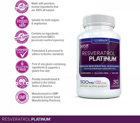 Resveratrol Platinum Antioxidants Supplement: Powerful Anti Aging Formula with Pure, Natural Trans Resveratrol for Immune Support, Vitality and Br...