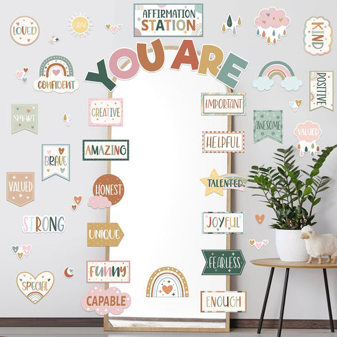 45pcs Boho Affirmation Station Bulletin Board Set Motivational Posters Classroom Mirror Growth Mindset Decor Positive Affirmations Accents Cutouts...