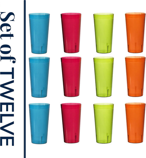 US Acrylic Café Plastic Reusable Tumblers (Set of 12) 32-ounce Iced-Tea Cups, Assorted | Value Set of Restaurant Style Drinking Glasses, Stackable...
