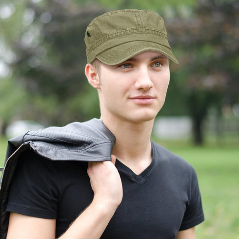 Geyoga Army Cap 2 Pieces Cadet Military Hat for Men Women Washed Cotton Flat Top Cap Unisex Outdoor Sports Casual Sun Hat...