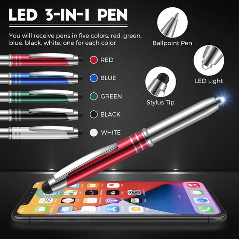 5 Pieces Stylus Pen for Touchscreen Devices Multi-Function Capacitive Pen with LED Flashlight Writing Pens with Ballpoint 3 in 1 Metallic Pens Inv...