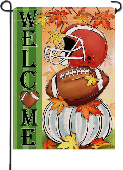 Welcome Fall Football Small Decorative Garden Flag, Autumn White Pumpkin Maple Leaves Yard Lawn Outside Decor, Thanksgiving Farmhouse Outdoor Home...