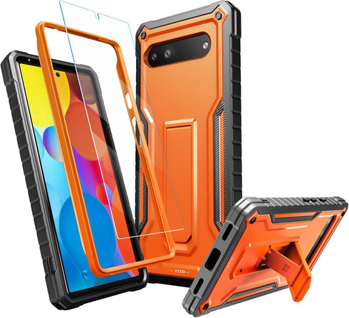 FITO for Google Pixel 6A Case, Dual Layer Shockproof Heavy Duty Case with Tempered Glass Screen Protector Built-in Kickstand (Orange)...