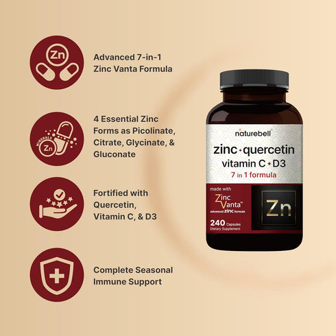 NatureBell Zinc Quercetin with Vitamin C & D3, 240* Capsules | Quercetin 1,000mg, 4 in 1 Zinc 50mg, Vitamin C 250mg, Vitamin D3 5,000 IU – ZincVan...