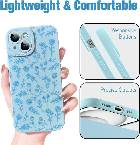 OOK Case for iPhone 15 Case Cute Flower Floral Design for Girls Women Soft TPU Camera Lens Protective Phone Cover for iPhone 15 6.1 Inch Blue...