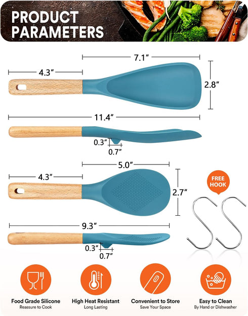 Cooking Spoon and Rice Scooper for Nonstick Cookwares, Great for Cooking and Serving Durable BPA-Free Matte Silicone, Wood Handle Spoon for Mixing...