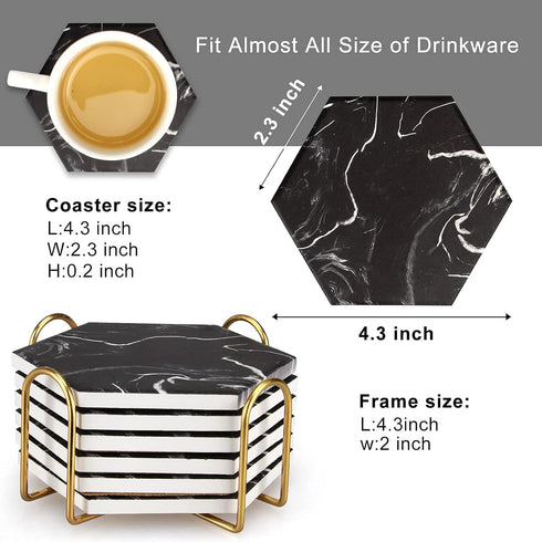Cool Black Marble Coaster Set with Holder Hexagon Absorbent Coasters Modern Ceramic Coster 6 Pack Best Stone Drink Coaster Beverage Coffee Table D...