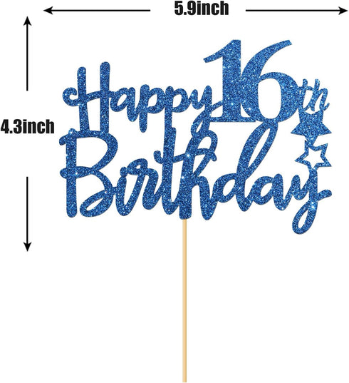 Royal Blue Glitter Happy 16th Birthday Cake Topper - 16 Sign Cake Topper - Cheers to 16 Years Party Supplies - 16th Birthday Party Decorations...
