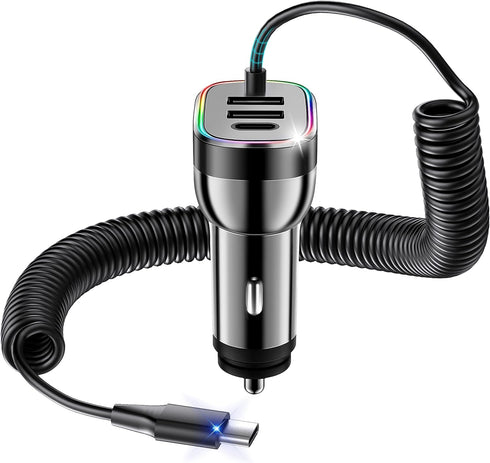 4-Port 30W USB-C & 18W USB-A QC3.0 Fast Charging Car Charger with Colorful Ring LED Light and Coiled Cable for iPhone 15, Samsung S24, Pixel, Tabl...