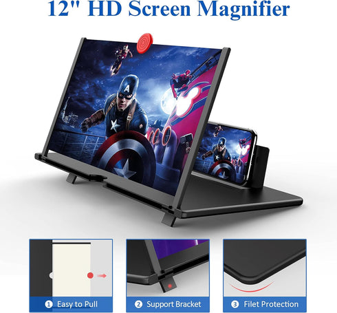 12" Screen Magnifier,3D HD Mobile Phone Magnifier Projector Screen Enlarger for Movies, Videos, and Gaming,Foldable Cell Phone Stand with Screen A...