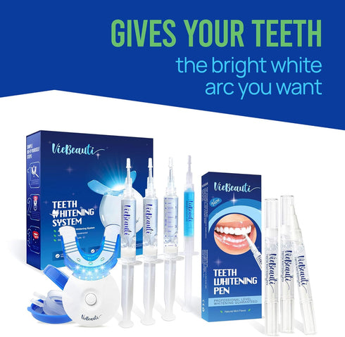 VieBeauti Teeth Whitening Kit - 5X LED Light Tooth Whitener with 35% Carbamide Peroxide, Mouth Trays, Remineralizing Gel and Tray Case - Built-in ...