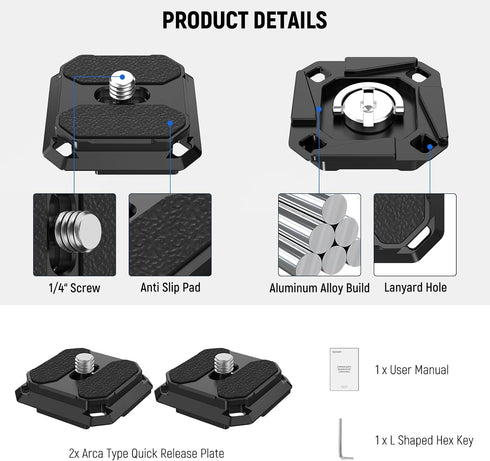 NEEWER Quick Release Plate 38mm Square Arca Type QR Camera Mount Plate Compatible with Peak Design Capture V3 Camera Clip, Tripod Head to Shoulder...
