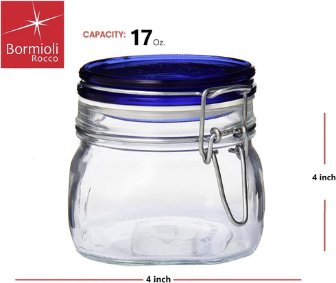 Bormioli Rocco Fido Square Jar with Blue Lid, 17-1/2-Ounce...