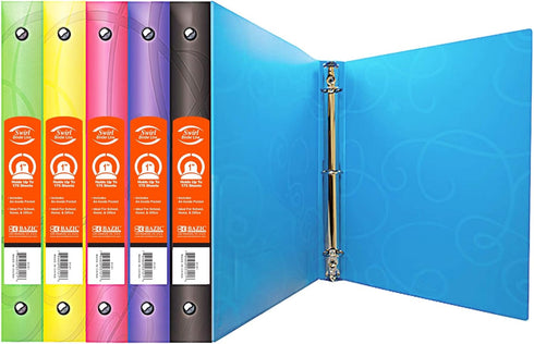 BAZIC 3 Ring Binder 1" Poly Binders Organizer - Swirl Color Soft Cover, Round Ring, Hold 175 Sheets Paper, 6-Count...