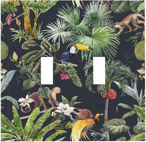 Floral Tropical Jungle Animals Double Toggle Light Switch Cover Decorative Palm Trees 2 Gang Wall Plate Electrical Faceplate for Bathroom Home Liv...