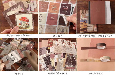 Draupnir Vintage Aesthetic Scrapbook Kit(346pcs), Bullet Junk Journal Kit with Journaling/Scrapbooking Supplies, Stationery, A6 Grid Notebook Grap...