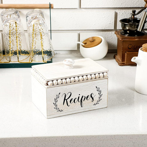 White Beaded Recipe Box Vintage Wood Recipe Box Farmhouse Wooden Recipe Card Holder Kitchen Bridal Shower Wedding Gift (7.09 x 5.12 x 5.91 Inch)...