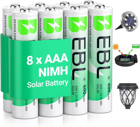EBL Solar AAA Battery for Outdoor Solar Lights Replacement 1.2V 600mAh Rechargeable AAA Batteries Triple A Battery for Gaming Controller, RC Remot...