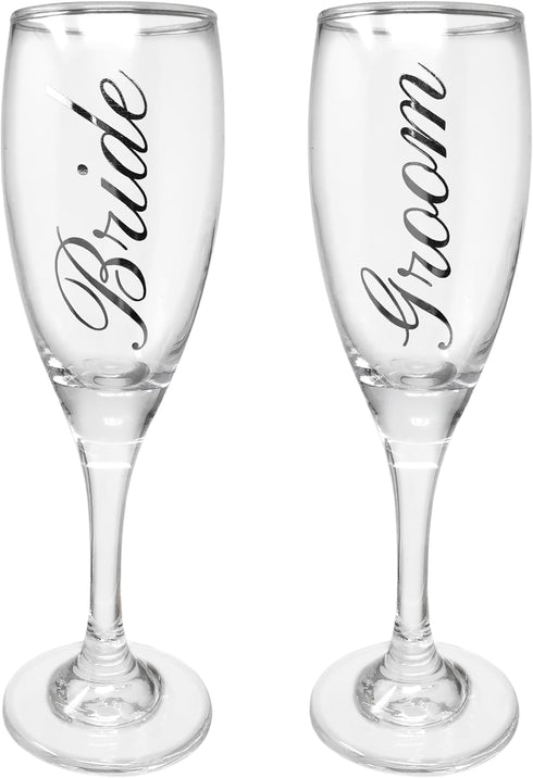 BANBERRY DESIGNS Bride and Groom Champagne Glasses Set of 2 Elegant Toasting Flutes Silver Wedding Champagne Set Wedding Glasses 6 oz...