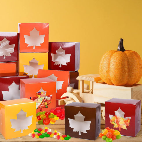 AnyDesign 24Pcs Fall Treat Boxes 4 Colors Cardboard Box with Maple Leaf Shape Window Autumn Thanksgiving Paper Gift Container for Cookie Goodie Ca...