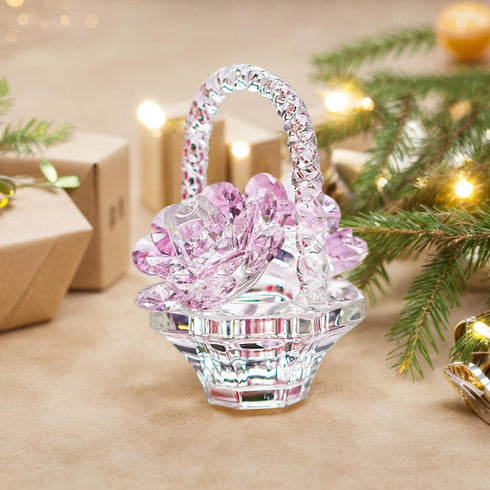 H&D HYALINE & DORA Glass Rose Flower Gift for Women Handcraft Pink Crystal Rose Flower Basket Figurine for Valentine's Day Mother's Day Christmas...