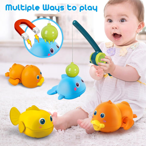 Dwi Dowellin Bath Toys for Toddlers, Magnetic Fishing Games Kids Bathtub Toys, Mold Free Wind-up Toys Swimming Fish Duck Whale Floating Water Toys...