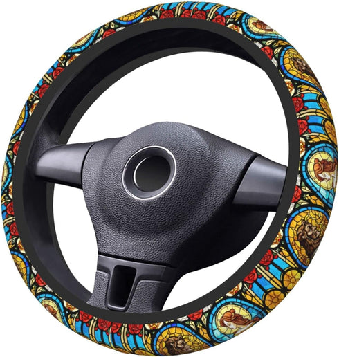 Beauty and Beast Fairytale Glass Elastic Steering Wheel Cover, Universal 15 Inch Suitable for Women, Non-Slip Car Accessories...