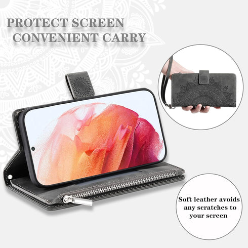 Asuwish Phone Case for Samsung Galaxy S21 5G 6.2 inch Wallet Cover with Tempered Glass Screen Protector and Wrist Strap Mandala Flower Flip Zipper...